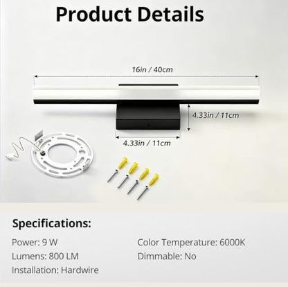 Bathroom Light Fixtures Over Mirror , 16 Inch Modern LED Cool White 6000K vanity Light Not Dimmable Small Vanity Lamp Bar baño IP44 Bath Wall Sconces for Restroom Indoor