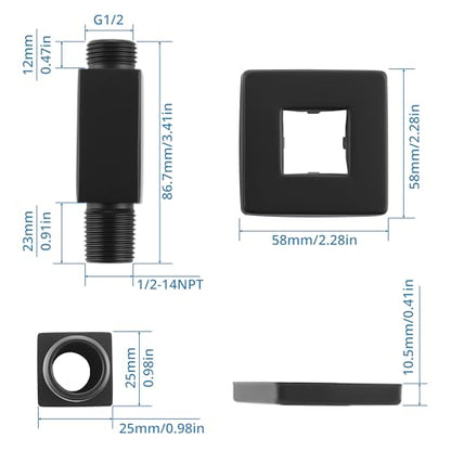 Straight Shower Arm with Flange, Ceiling Mount 3 Inch Square Shower Arm for Fixed Rainfall Shower Head, High Pressure Shower Head Arm Replacement, Matte Black - color: Square Matte Black 3 Inch
