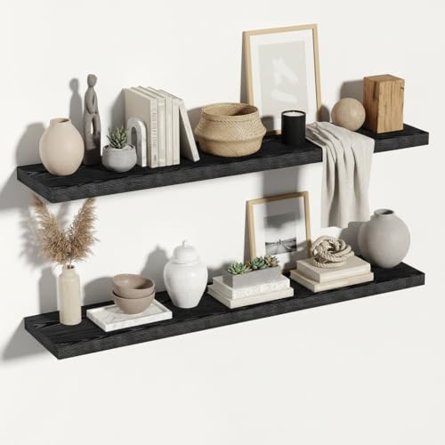 Vivelove Black Floating Shelves, 55 X 12 Inches, Set of 2 | Invisible Brackets, Easy Mount Shelf with Hardware Kit, for Bathroom Bedroom Living Room Kitchen, Engineered Wood - color: Black, size: 55”wx12”dx1.5”h
