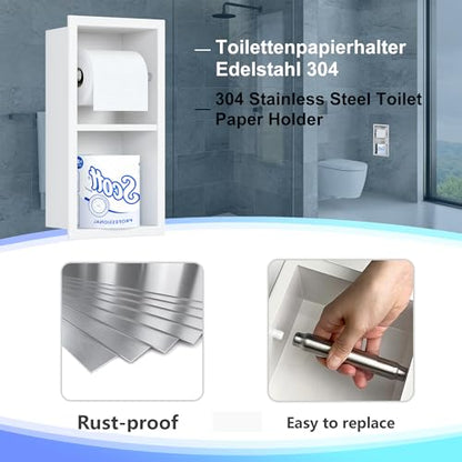 Neodrain White Recessed Toilet Paper Holder,Dual Rolls | 304 Stainless Steel,Rustproof & Durable,Space-saving,Recessed double roll tissue holder for Bathroom & RV - color: White, size: 6X12In