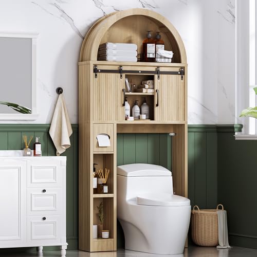 AHB Over The Toilet Storage Cabinet with Sliding Doors, Natural | Arched Cabinet Freestanding Bathroom Organizer Anti-Tip Device Space-Saving Toilet Storage for Bathroom, Laundry