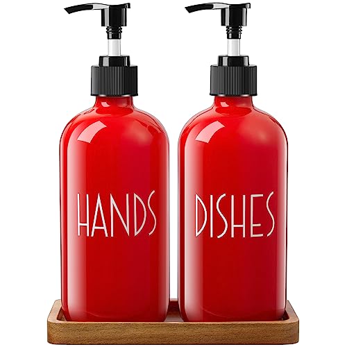 ALELION Dish Soap Dispenser for Kitchen - 16 OZ Glass Hand Soap Dispenser Set with Acacia Wood Tray - Red Kitchen Bathroom Decor and Accessories - color: Red