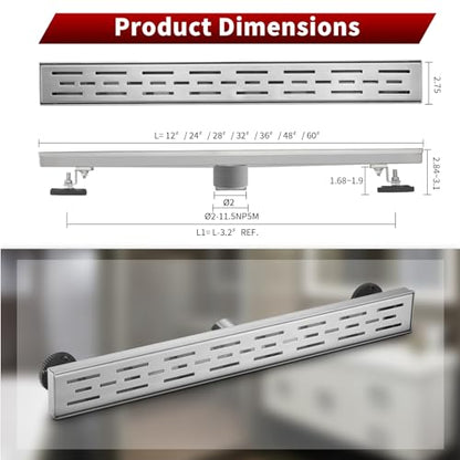 Sharp-tec Linear Shower Drain, 24 inch Shower Drain with Removable Pattern Cover, Brushed Nickel 304 Stainless Steel Rectangle Floor Drain, Adjustable Feet and Hair Strainer Included (Model 101) - color: Brushed Nickel, size: 24 inch