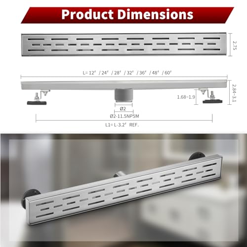 Sharp-tec Linear Shower Drain, 36 inch Shower Drain with Removable Pattern Cover, Brushed Nickel 304 Stainless Steel Rectangle Floor Drain, Adjustable Feet and Hair Strainer Included (Model 101) - color: Brushed Nickel, size: 36 inch