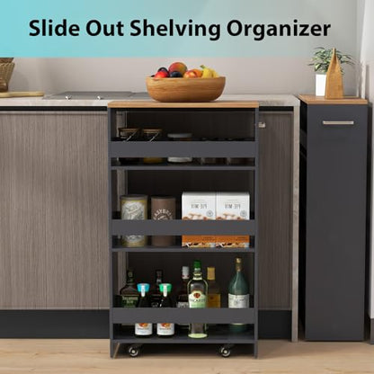 POWERSTONE 4-Tier Slim Storage Cart, Narrow Kitchen Rolling Cart w/Handle & Open Shelves, Skinny Slide Out Utility Organizer Trolley for Kitchen Bathroom Laundry Small Spaces Grey & Natural - color: Grey