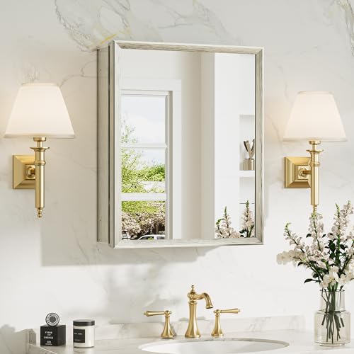 TokeShimi 16 x 20 Medicine Cabinet with Mirror, Assembly Required, Brushed Nickel Recessed Medicine Cabinet for Bathroom, Stepless Adjustable Shelves, Beveled Aluminum Frame, DTC Hinge - color: Brushed Nickel, size: 16x20 in