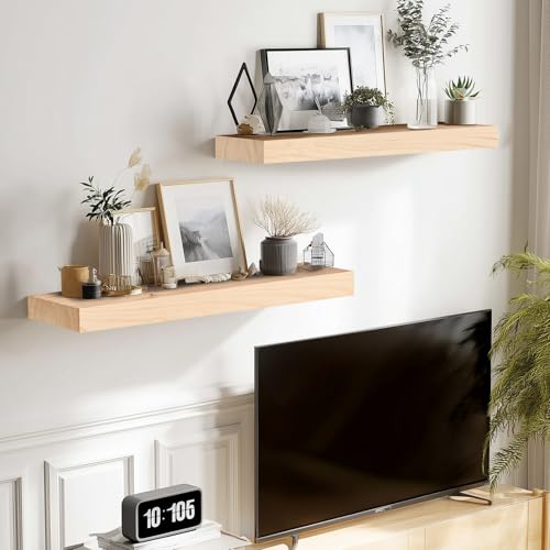 Solid Wood Floating Shelves, 17 Inch Wall Shelves, Set of 2, Wood | 8 Inch Deep, 1.6 Inch Thick, Extra-Wide Display Space, Mounting Hardware Included, For Kitchen, Bathroom and Living Room - color: Wood, size: 17x8x1.6
