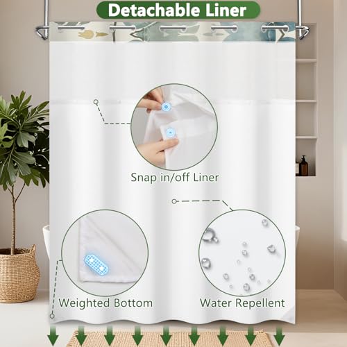 Tropical Leaves Shower Curtain with Detachable Weighted Liner, No Hook Monstera Leaf Tall Shower Curtain with Ventilation Window, Summer Waterproof Fabric Bathroom Shower Curtain Sets, 71x74 Inches - color: Monstera