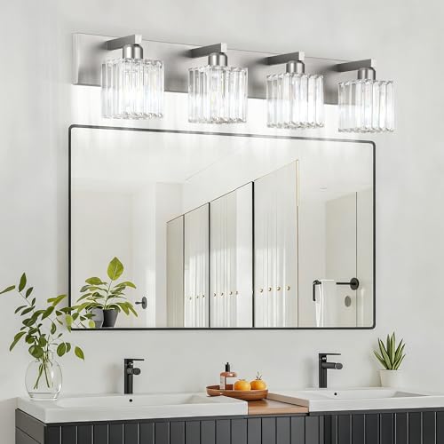 Aipsun Brushed Nickel Bathroom Lighting Fixtures 4 Light Crystal Modern Bathroom Vanity Light (Exclude Bulb) - color: Brushed Nickel, size: 32 inch