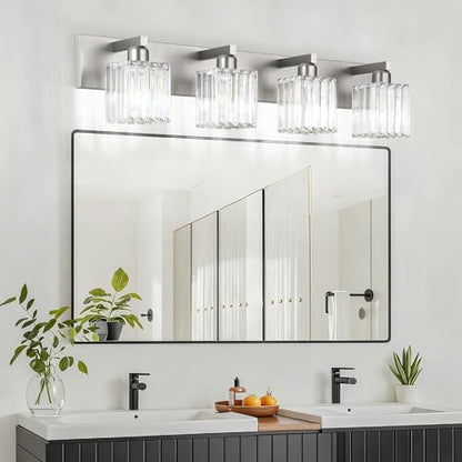 Aipsun Brushed Nickel Bathroom Lighting Fixtures 4 Light Crystal Modern Bathroom Vanity Light (Exclude Bulb) - color: Brushed Nickel, size: 32 inch