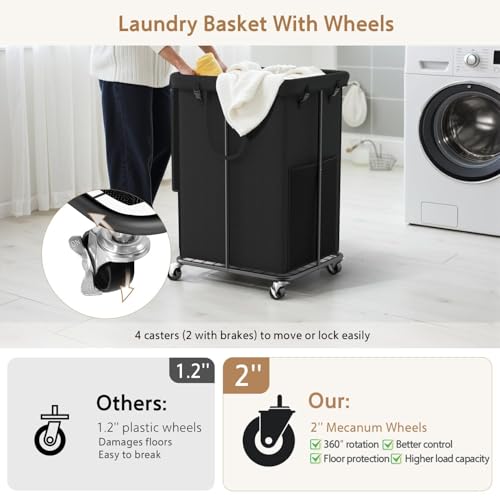 40 Gal Large Laundry Hamper with Lid, Rolling Laundry Basket with Wheels | Oxford Fabric | Dirty Clothes Hampers with Removable Bag | Metal Frame for Bedroom, Laundry Room, Bathroom, Dorm(Black) - color: Black-2