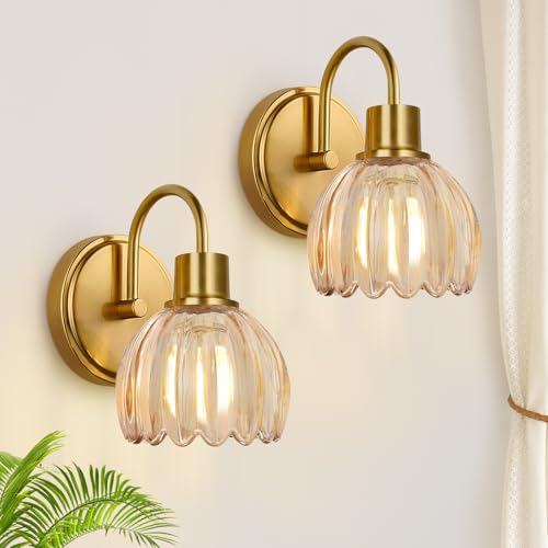 2-Pack Brushed Gold Bathroom Vanity Light, Single-Head Wall Sconce with Ribbed Amber Tulip Glass Shade, Vintage Bathroom Light Fixtures for Bedroom, Hallway & Bedside (Bulbs Not Included) - color: Brushed Gold - Tulip Amber, size: 1-light