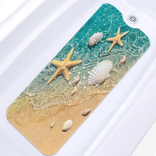 Bath Mat for Tub, Starfish Seashell, 40 X 16 Inch, for Bathtub | Summer Beach Ocean Extra Long Bathtub Shower with Suction Cups and Drain Holes for Kids Adults Elderly - color: Starfish Underwater Ocean