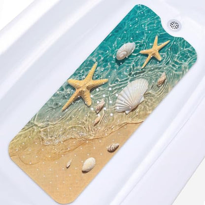 Bath Mat for Tub, Starfish Seashell, 40 X 16 Inch, for Bathtub | Summer Beach Ocean Extra Long Bathtub Shower with Suction Cups and Drain Holes for Kids Adults Elderly - color: Starfish Underwater Ocean