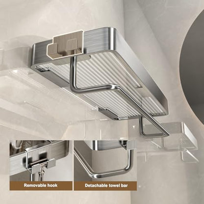 Stainless Steel Wall Mounted Bathroom Shelves - 2-Tier Floating Shelf with Removable Hooks (Brushed Nickel) - color: Brushed Nickel(rectangular)