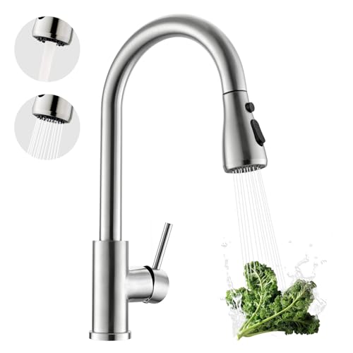 Pull-Down Kitchen Faucet, Brushed Nickel | 304 Stainless Steel,10-Min DIY Install,23-Inch Pull-Down Hose,2-Function Spray,360° Swivel Spout - color: Brushed Nickel, size: 15.2 Inches