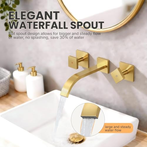 ALEASHA Wall Mounted Bathroom Sink Faucet, Brushed Gold Bathroom Faucet | Waterfall Bathroom Sink Faucet with Two Handles, Controllable Heat and Cold, Solid Brass Wall-Mount Washroom Faucets - color: Brushed Gold