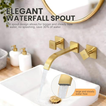 ALEASHA Wall Mounted Bathroom Sink Faucet, Brushed Gold Bathroom Faucet | Waterfall Bathroom Sink Faucet with Two Handles, Controllable Heat and Cold, Solid Brass Wall-Mount Washroom Faucets - color: Brushed Gold