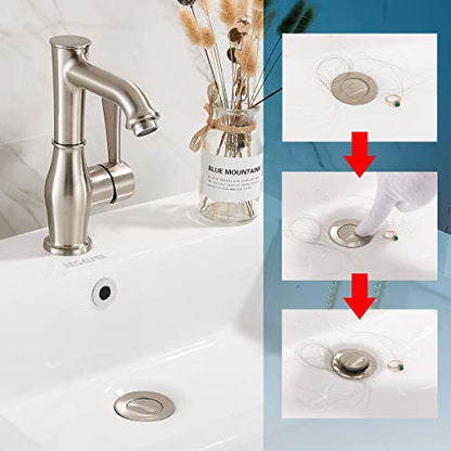 REGALMIX Vessel Sink Drain, Bathroom Faucet Vessel Sink Pop Up Drain Stopper, Built-In Anti-Clogging Strainer, Brushed Nickel with Overflow,Fits Standard American Drain Hole(1-1/2" to 1-3/4") R086J-BN - color: Brushed Nickel, size: With Overflow