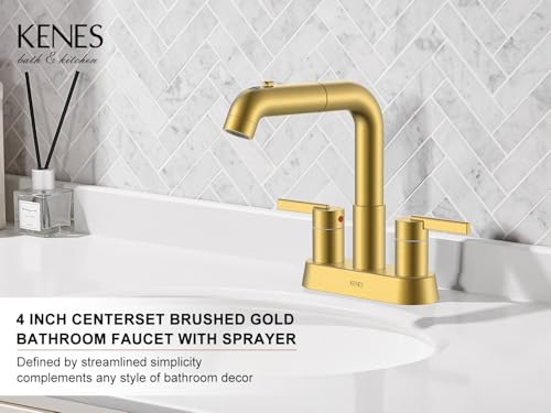 Pull Down Centerset Bathroom Faucet Brushed Gold 2 Handle 3 Hole | Pull Out Bathroom Faucet with Pop Up Drain & Supply Lines, Lead-Free cUPC & NSF Certified, 4 Inch Faucet for Vanity RV Sink - color: Brushed Gold