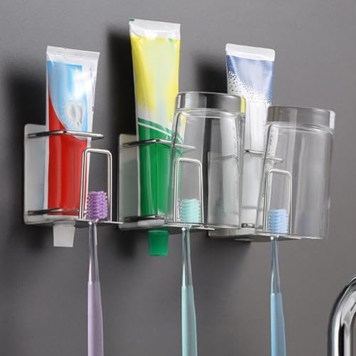 LIFKOME Wall Mounted Toothbrush Holder and Toothpaste Holder 304 Stainless Steel Nail-Free Bathroom Organizer with Rinsing Cup for Home and Travel