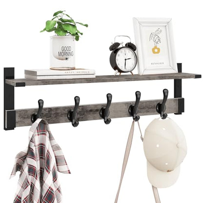 Homode Coat Rack Wall Mount with Shelf, 29 Inch Wood Wall Shelf with Hooks, Entryway Coat Hanger Wall Mount with 5 Hangers for Bathroom, Bedroom, Living Room, Grey - color: Gray, size: 29 Inch Long