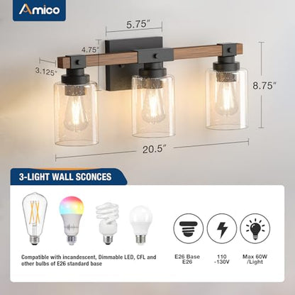 Amico 3-Light Farmhouse Bathroom Vanity Light, Seeded Glass, Black & Wood | Bubble Glass Shade Wall Sconce, Over Mirror Lighting for Bathroom, Bedroom, Living Room, Hallway, Powder Room, Entryway - size: 3-Light