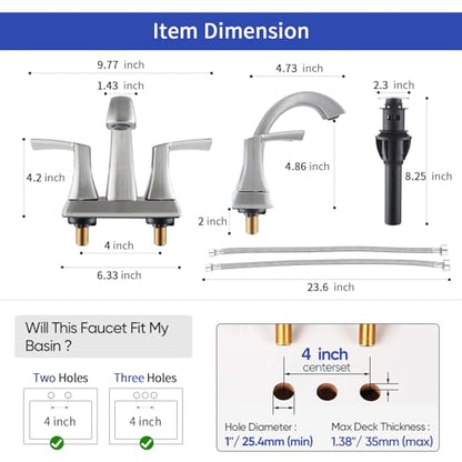 VXV Bathroom Faucet Brushed Nickel, 2 Handles Low Arc Bathroom Sink Faucets, 4 Inch Centerset Bath Lavatory Faucets with Pop-up Drain & Faucet Supply Lines (BN) - color: ‎Brushed Nickel-4 inches