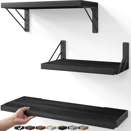 BAYKA Wall Mounted Floating Bathroom Shelves, Wood Floating Wall Shelf for Bathroom Essentials & Decor, Small Space-Saving Display & Organizer（Black，Set of 3） - color: A. Black Board & Black Brackets, size: 16-inch Mixed
