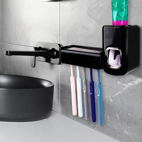 5 Slots Wall Mount Toothbrush Holder with Cover, Self Adhesive Toothbrush Storage Organizer for Shower, Toothbrush Hanger with Automatic Toothpaste Squeezer Dispenser(Black) - color: Black Combination