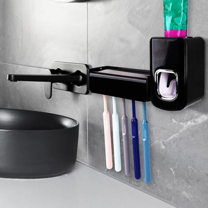 5 Slots Wall Mount Toothbrush Holder with Cover, Self Adhesive Toothbrush Storage Organizer for Shower, Toothbrush Hanger with Automatic Toothpaste Squeezer Dispenser(Black) - color: Black Combination