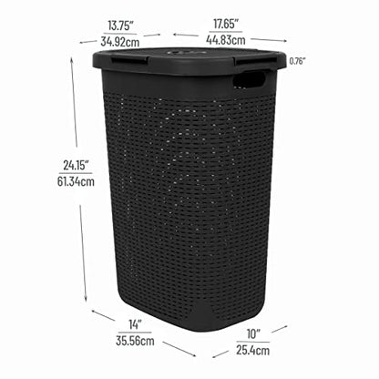 Mind Reader 60L Slim Laundry Hamper, Clothes Basket, Lid, Wicker Design, Plastic, 17.65"L x 13.75"W x 24.15"H, Black - color: Black, size: 1 Piece