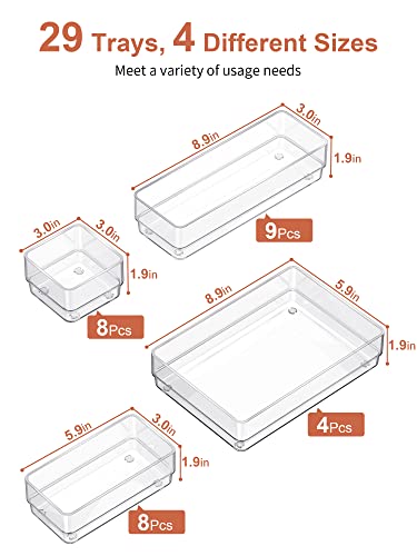 SMARTAKE 29 PCS Drawer Organizer, 4-Size Desk Bathroom Drawer Organizer | 4-Size Storage Tray with Non-Slip Silicone Pads for Makeup, Jewelries, Utensils in Bedroom Dresser, Office and Kitchen Clear - size: X Large