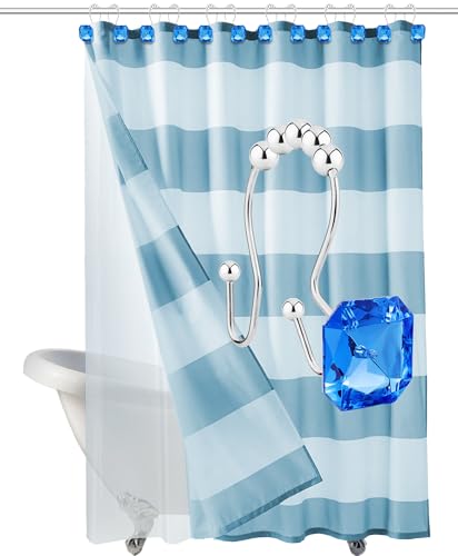 Shower Curtain Hooks Rings for Bathroom, 12PCS Double Hooks Glide Anti Rust Crystal Rhinestones Shower Curtain Rings Hangers for Shower Curtains, Clothing, Towels, etc. (Blue) - color: Blue