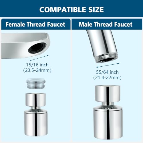 Swivel faucet aerator, 360° Swivel Kitchen Faucet Aerator, Dual-function 2-Flow Sprayer Faucet Head Replacement Kitchen Sink Faucet 55/64 inch Female Thread Faucet Extender (Chrome) - color: Chrome