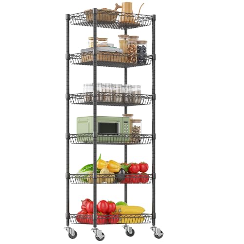 Himimi 6 Tier Rolling Storage Cart, Metal Wire Basket Rack with Wheels, Adjustable Storage Shelves Organizer Shelf for Kitchen Pantry Garage Laundry Room Bathroom, 17" W X 12" D X 63" H, Black - size: 17"W X 12"D X 63"H