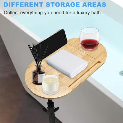 3 Layer Bath Tub Tray Table Liftable Freestanding Bamboo Bath Tray Caddy for Tub Against Wall Shelf Bathroom Organizer Shelf for Luxury Spa (Oval) - color: Oval