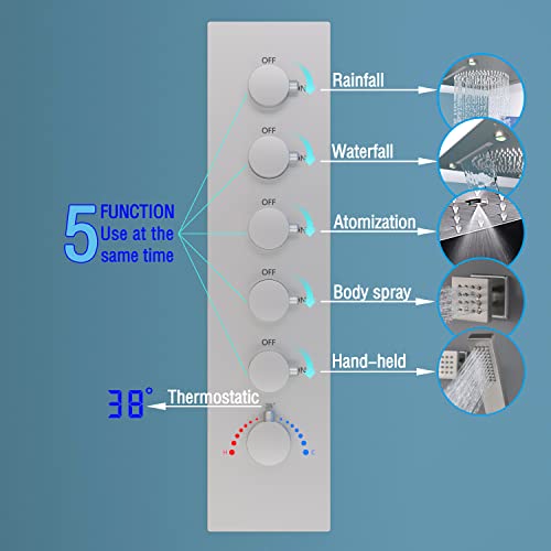 Enga Shower System With Spa Body Jets, 20 Inch LED Waterfall Atomizing Horizontal Square Ceiling Shower Head with Remote Control, Thermostatic Shower Faucet Set Flow Can Be Controlled Brushed Nickel - color: Brushed Nickel, style: 20" Head (Rain + Mist+Wa