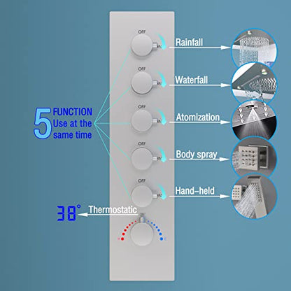 Enga Shower System With Spa Body Jets, 20 Inch LED Waterfall Atomizing Horizontal Square Ceiling Shower Head with Remote Control, Thermostatic Shower Faucet Set Flow Can Be Controlled Brushed Nickel - color: Brushed Nickel, style: 20" Head (Rain + Mist+Wa