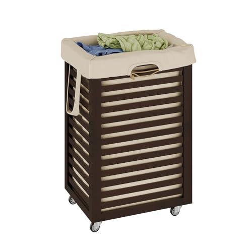 Bamboo Rolling Laundry Hamper 85L Clothes Storage Pin with Removable Liner | with smooth rolling wheels liner built with carry handles ideal storage solution for bedroom dormitory & laundry room(Coffee) - color: Coffee