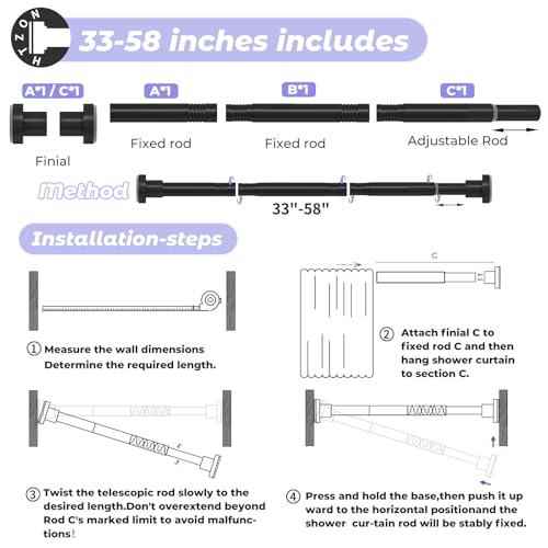 Shower Curtain Rod Spring Tension:Black Shower Rods for Bathroom 33 to 58 Inch,1 Inch Modern Heavy Duty Adjustable Tension Shower Curtain Rod No Drilling No-Slip Easy Install,Matte Black - color: Black, size: 【33''-58''】1 Pack