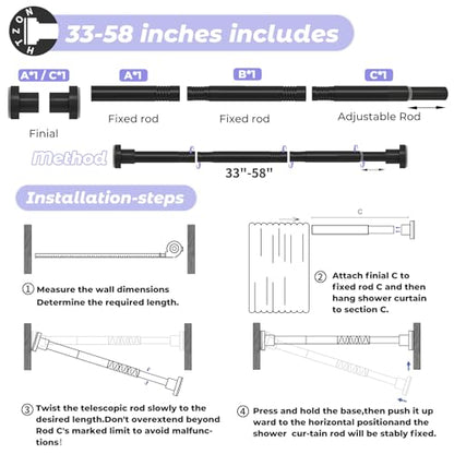 Shower Curtain Rod Spring Tension:Black Shower Rods for Bathroom 33 to 58 Inch,1 Inch Modern Heavy Duty Adjustable Tension Shower Curtain Rod No Drilling No-Slip Easy Install,Matte Black - color: Black, size: 【33''-58''】1 Pack