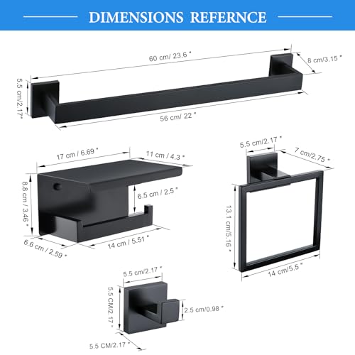 6-Piece Black Bathroom Hardware Set 23.6 Inch Towel Bar Set Double Towel Bar Towel Ring Coat Hook and Toilet Paper Holder with Shelf Wall Mounted Stainless Steel Bathroom Accessories Set - color: 6-piece Black