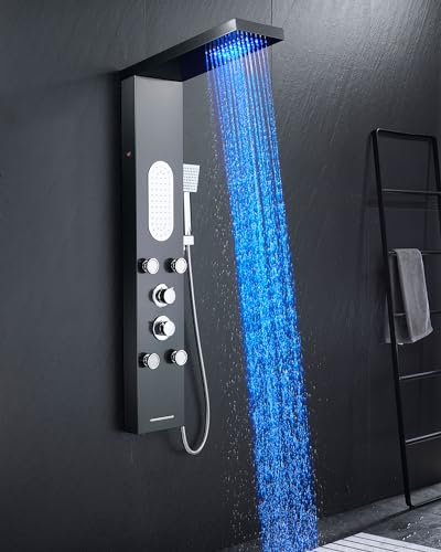 5-in-1 LED Shower Panel Tower System Stainless Steel Black | LED rain head | 4 massage jets | Body waterfall spray | Handheld shower | Tub spout | Wall mount - color: Black