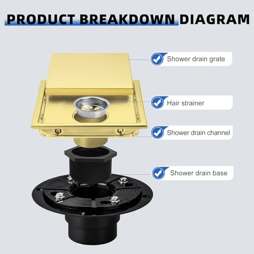 Gold Shower Floor Drain 6 inch with Flange, Square Shower Drain with 2 in 1 Tile-Insert Cover, SUS 304 Stainless Steel, Brushed Gold - color: Brushed Gold, size: Ultra flat surface