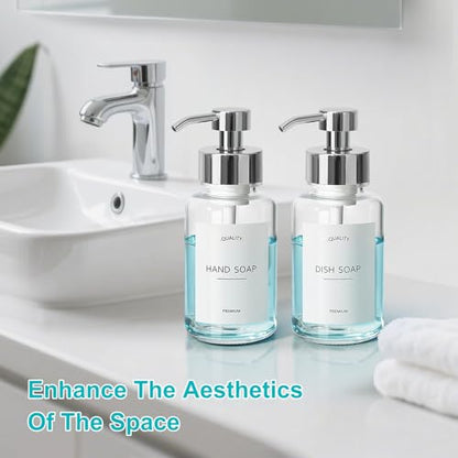 Foaming Soap Dispenser, 14.1 oz/400ml Foaming Hand Soap Dispenser, 2 Pack Glass Foaming Dispenser for Bathroom & Kitchen, Clear Refillable Liquid Dispenser Bottle with Waterproof Labels - color: Clear Bottle+silver Pump
