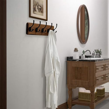 Wall Mounted Coat Rack: Patented, Heavy-Duty, 17.4" Long 5-Double-Hooks Wooden Hanger Rail for Winter Coats, Hat, Jacket, Clothing - Natural & Black, Pack of 2 - color: Natural & Black, size: L=17.4" (2pcs)