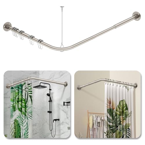 L Shaped Shower Curtain Rod - [39''-69''] x [55''-85''] Brushed Nickel Adjustable Corner Shower Rod, 90 Degree Shower Rod Bar for Bathroom Bathtub, Clothing Store with 12 Ring Hooks Ceiling Support - color: Brushed Nickel