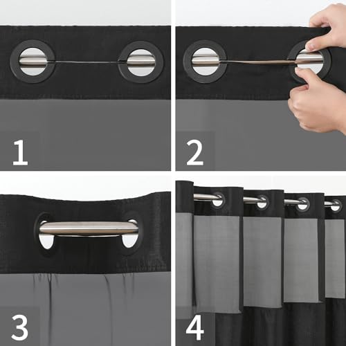eachope No Hooks Needed Linen Textured Shower Curtain with Snap-in Fabric Liner Set,Black Hotel Luxury Decor Shower Curtains for Bathroom with Mesh Top Window,Waterproof & Washable,71Wx74H | 230GSM Thick Fabric,Hotel Luxury Decor,Mesh Top Window,Waterproo