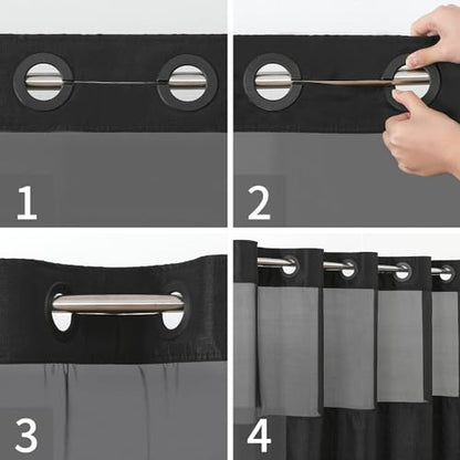 eachope No Hooks Needed Linen Textured Shower Curtain with Snap-in Fabric Liner Set,Black Hotel Luxury Decor Shower Curtains for Bathroom with Mesh Top Window,Waterproof & Washable,71Wx74H | 230GSM Thick Fabric,Hotel Luxury Decor,Mesh Top Window,Waterproo